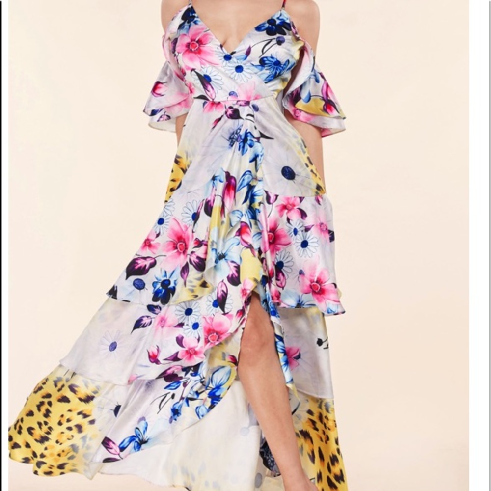 Floral Leopard Off-the-Shoulder High-Low Dress